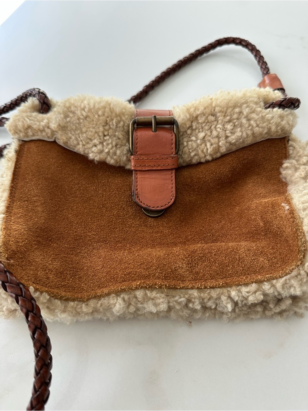 Brown Shearling Crossbody Bag with Braided Strap